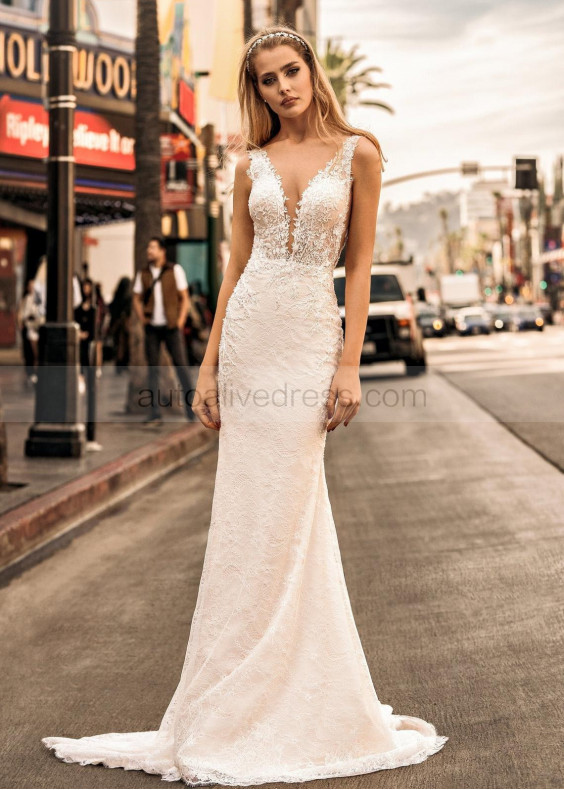 Beaded V Neck Ivory Lace Long Wedding Dress